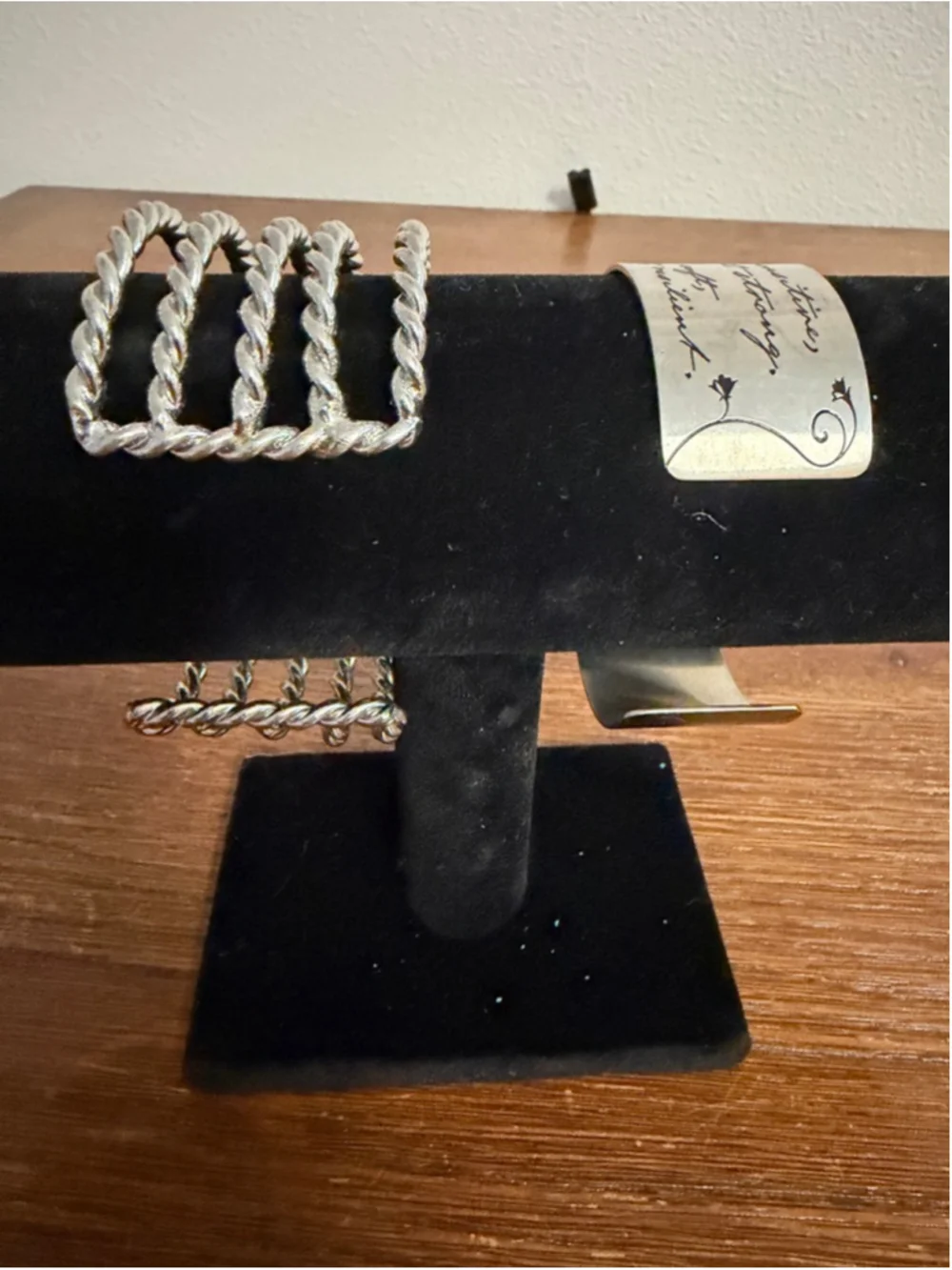 Silver Tone Bracelet Set 2pc Twisted Cuff Stack Engraved Quote Boho Chic